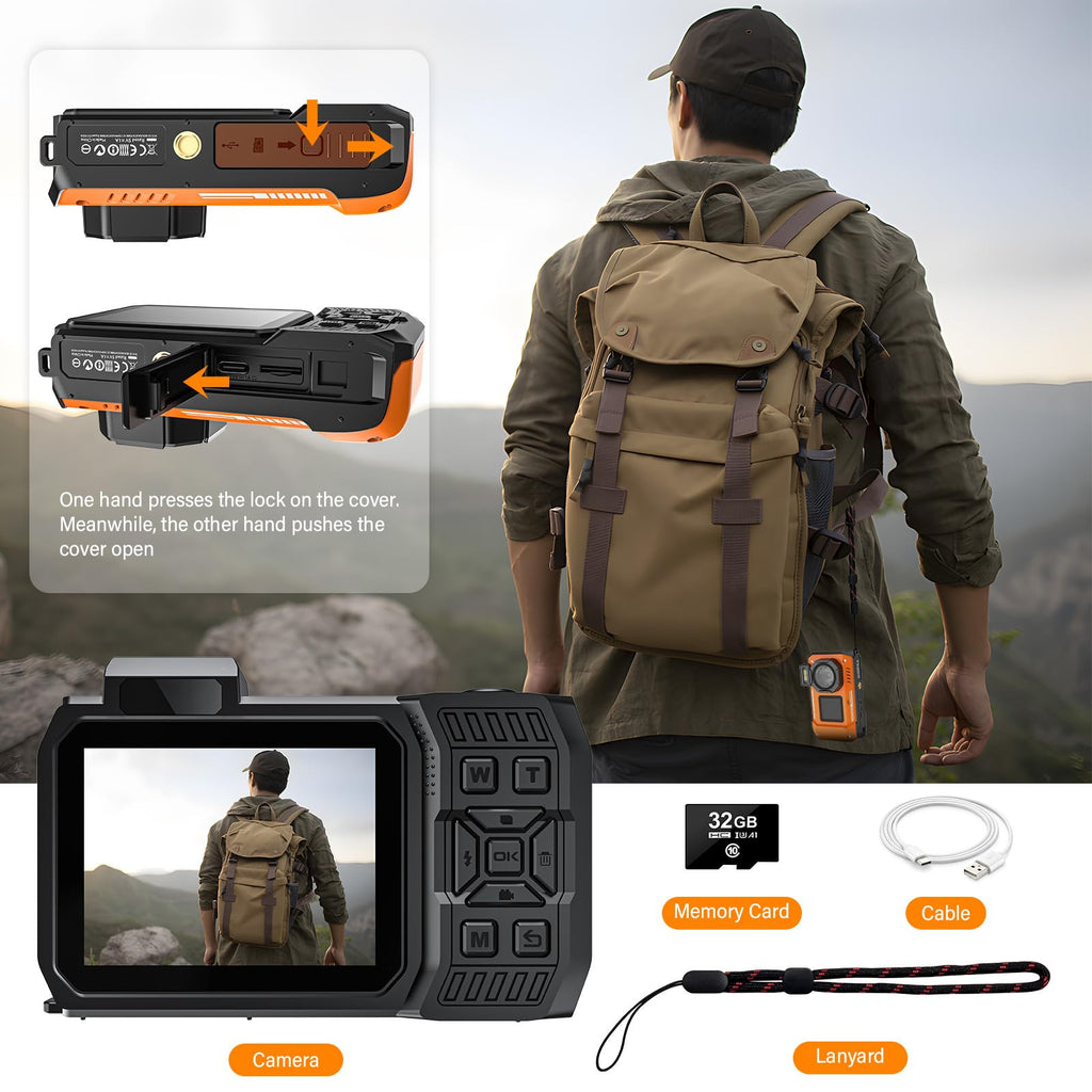 8K Underwater Camera, 33FT Waterproof Camera, 70MP WiFi Dual-Screen, Rugged