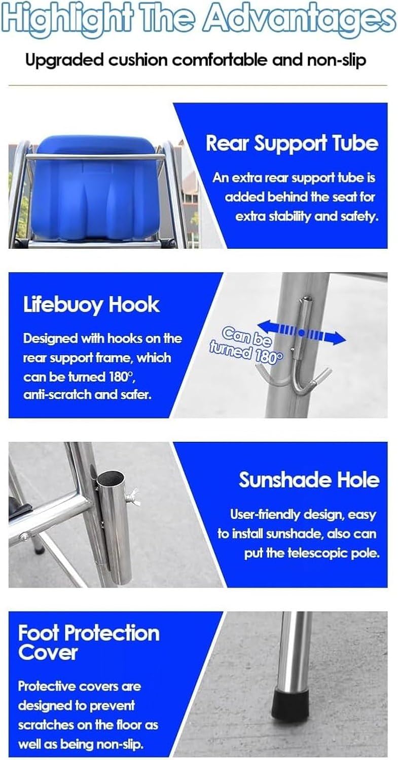 Tennis Volleyball Referee Chair Stand 120 150 180cm High Stainless Steel Lifeguard Seat for Pools Patio Lake Beach Outdoor Extra Tall Guard Deck Chair Comfortab, Blue, 120cm/47.2in/3.9ft high
