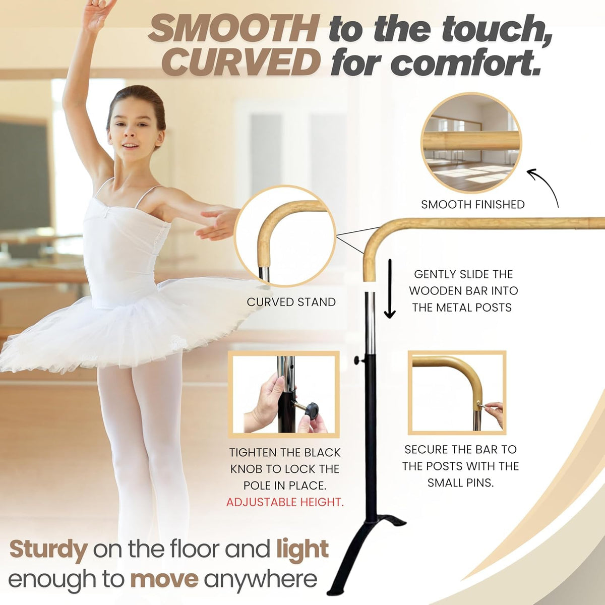 Ballet Barre Portable for Home or Studio, 6 ft Extendable to 12 ft Bar Curved, Height Adjustable from 27" to 44", Ideal for Stretch, Pilates, Dance, Active Workouts, Single or Double, Kids Adults