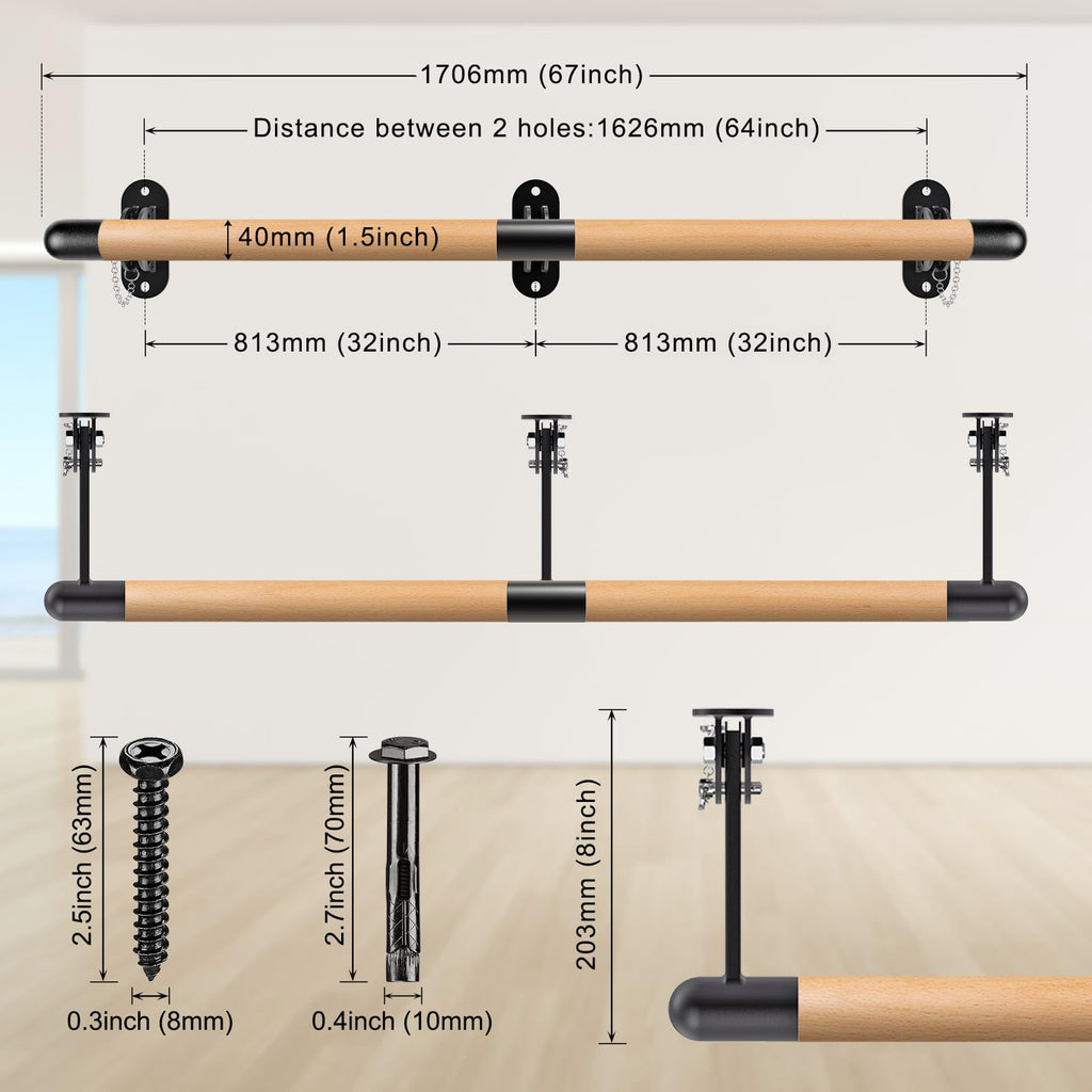 Dolibest Space Saver, Ballet Barre, Wall Mounted Traditional Wood Ballet Barre System Stretch/Dance for Home Barre Workout Equipment, Height Adjustable, for Kids and Adults