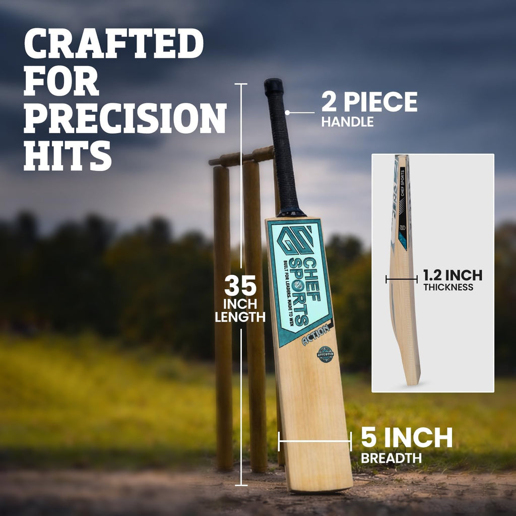 Chef Sports Action Kashmir Willow Cricket Bat Grade 1 | Premium Grade 1 Kashmir Willow | Thick Edges & Big Sweet Spot for Powerful Stroke Play | Balanced Weight for Control & Timing | Season Ball Bat