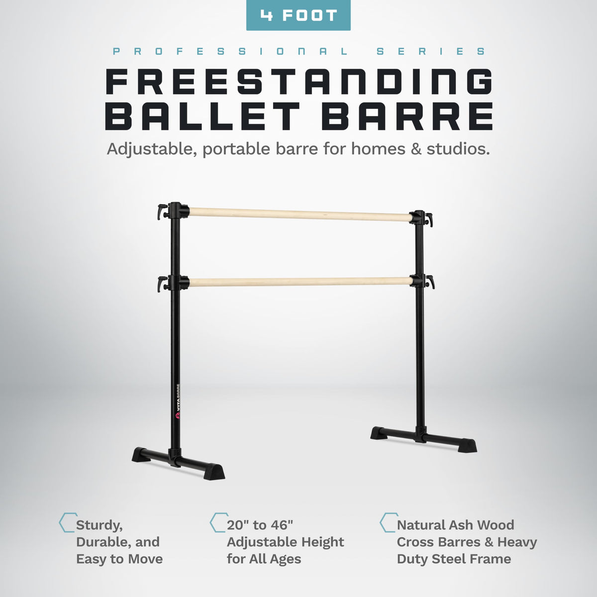 VITA Barre Portable Freestanding Double Ballet Barre, Professional | Adjustable Height, Made in USA, Home or Gym Exercise Equipment for Kids & Adults | Dance, Fitness, Pilates