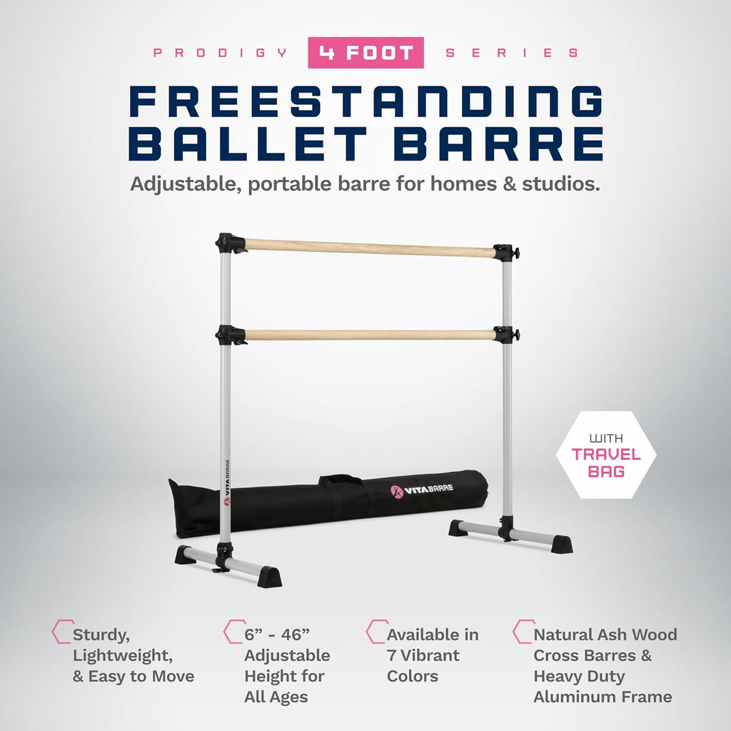 VITA Barre Portable Freestanding Double Ballet Barre, Prodigy, 4 Ft Bars, Satin Silver, with Bag | Adjustable Height, USA Made, Home or Gym Exercise Equipment for All Ages | Dance, Fitness, Pilates