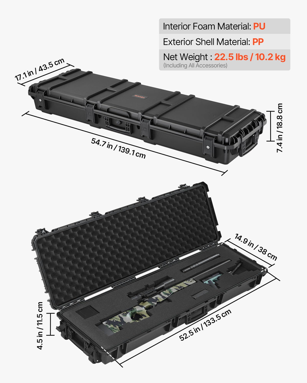 VEVOR Rifle Case, Rifle Hard Case with 4 Layers Fully-protective Foams, Lockable Hard Gun Case with Wheels, IP67 Waterproof & Crushproof, for Rifles or Shotguns