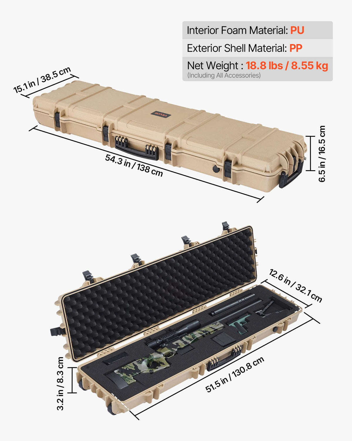 VEVOR Rifle Case, Rifle Hard Case with 4 Layers Fully-protective Foams, Lockable Hard Gun Case with Wheels, IP67 Waterproof & Crushproof, for Rifles or Shotguns