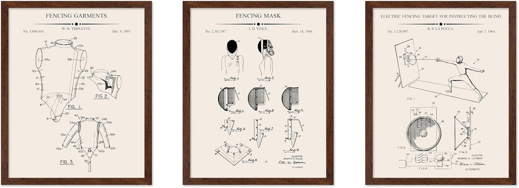 Poster Master 3-Piece Fencing Blueprint Poster - Fencing Garment Patent Print - Fencing Mask Design - Target Art - Sports Design - Technical Drawing Print - Gym or Office Decor - 8x10 Brown Framed