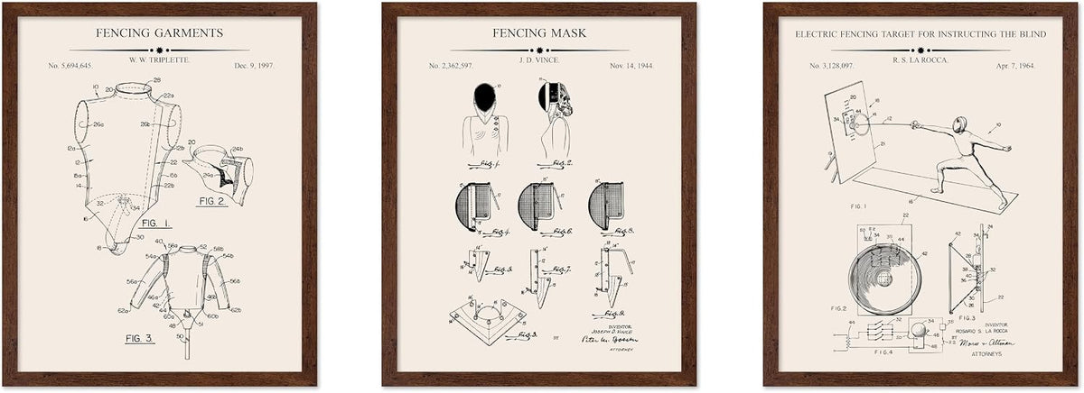 Poster Master 3-Piece Fencing Blueprint Poster - Fencing Garment Patent Print - Fencing Mask Design - Target Art - Sports Design - Technical Drawing Print - Gym or Office Decor - 8x10 Brown Framed
