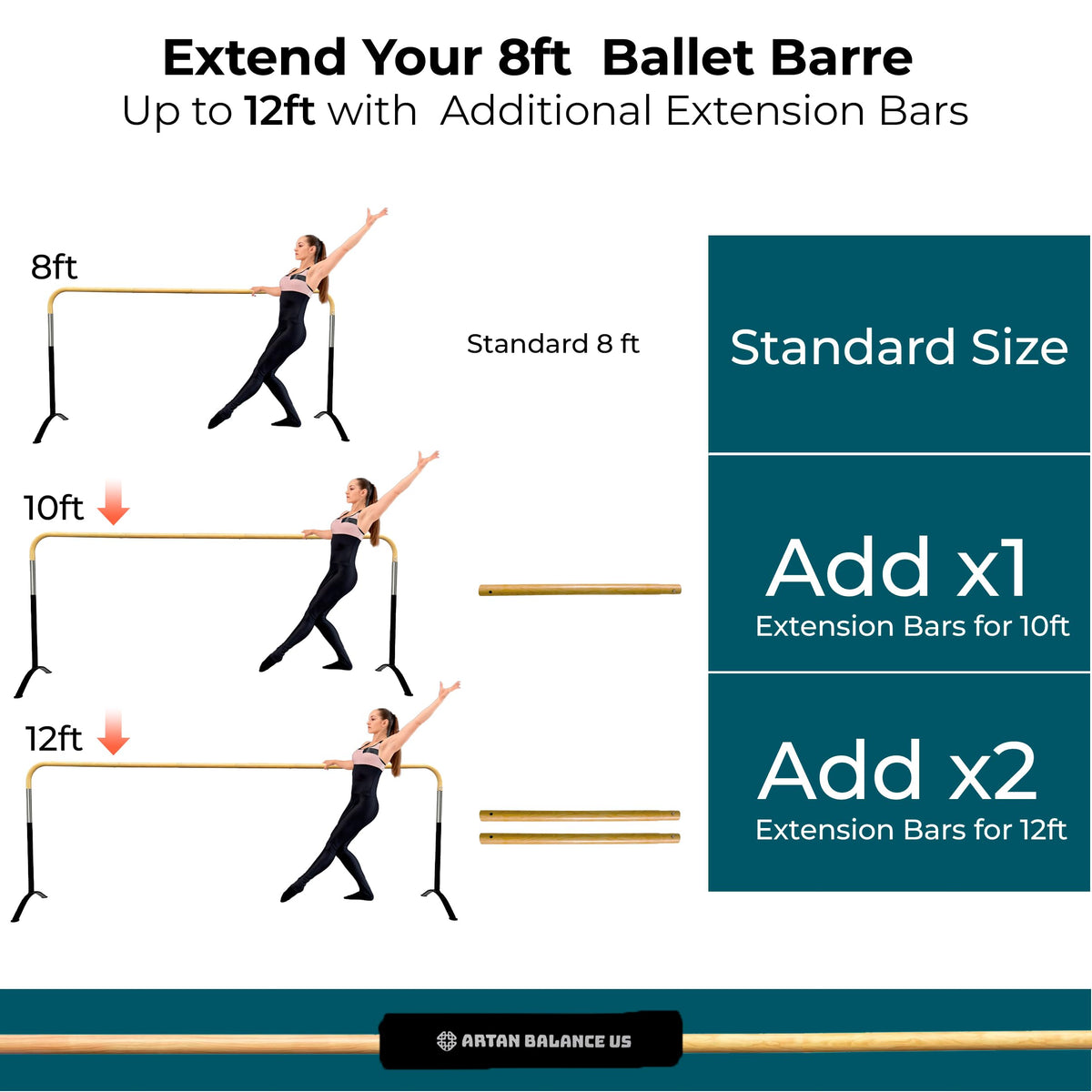 Ballet Barre Portable for Home or Studio, 6 ft Extendable to 12 ft Bar Curved, Height Adjustable from 27" to 44", Ideal for Stretch, Pilates, Dance, Active Workouts, Single or Double, Kids Adults