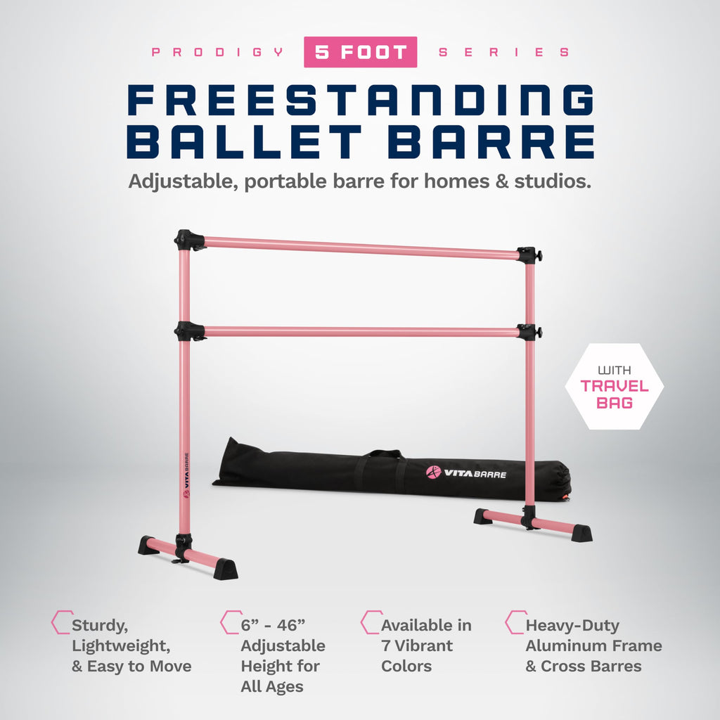 VITA Barre Portable Freestanding Double Ballet Barre, Prodigy, with Carry Bag | Adjustable Height, USA Made, Home or Gym Exercise Equipment for Kids & Adults | Dance, Fitness, Pilates