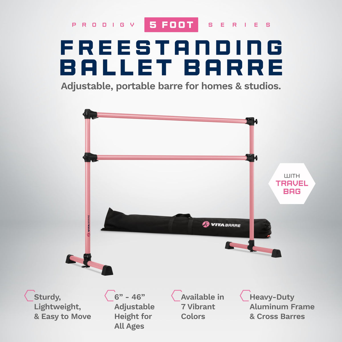 VITA Barre Portable Freestanding Double Ballet Barre, Prodigy, with Carry Bag | Adjustable Height, USA Made, Home or Gym Exercise Equipment for Kids & Adults | Dance, Fitness, Pilates
