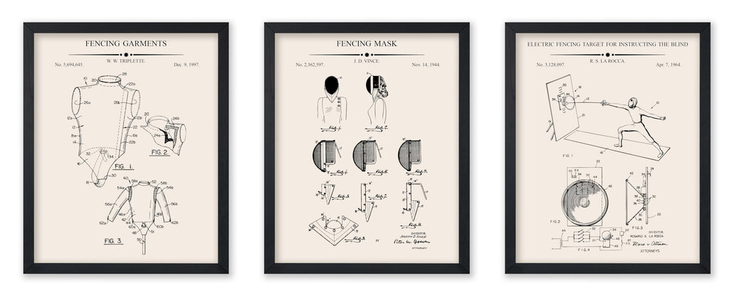 Poster Master 3-Piece Fencing Blueprint Poster - Fencing Garment Patent Print - Fencing Mask Design - Target Art - Sports Design - Technical Drawing Print - Gym or Office Decor - 8x10 Brown Framed