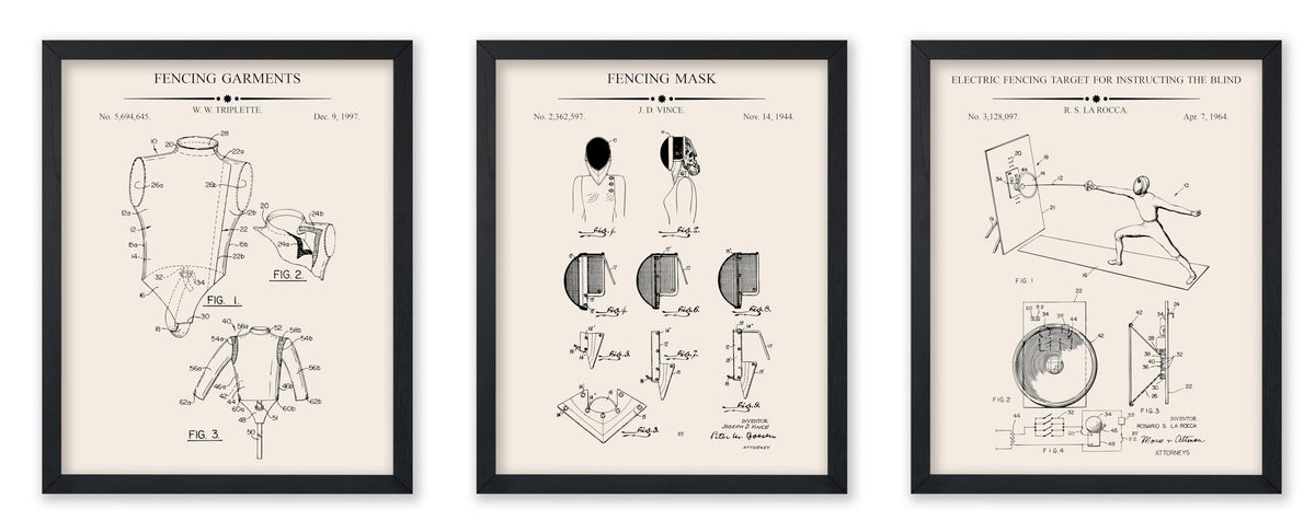 Poster Master 3-Piece Fencing Blueprint Poster - Fencing Garment Patent Print - Fencing Mask Design - Target Art - Sports Design - Technical Drawing Print - Gym or Office Decor - 8x10 Brown Framed