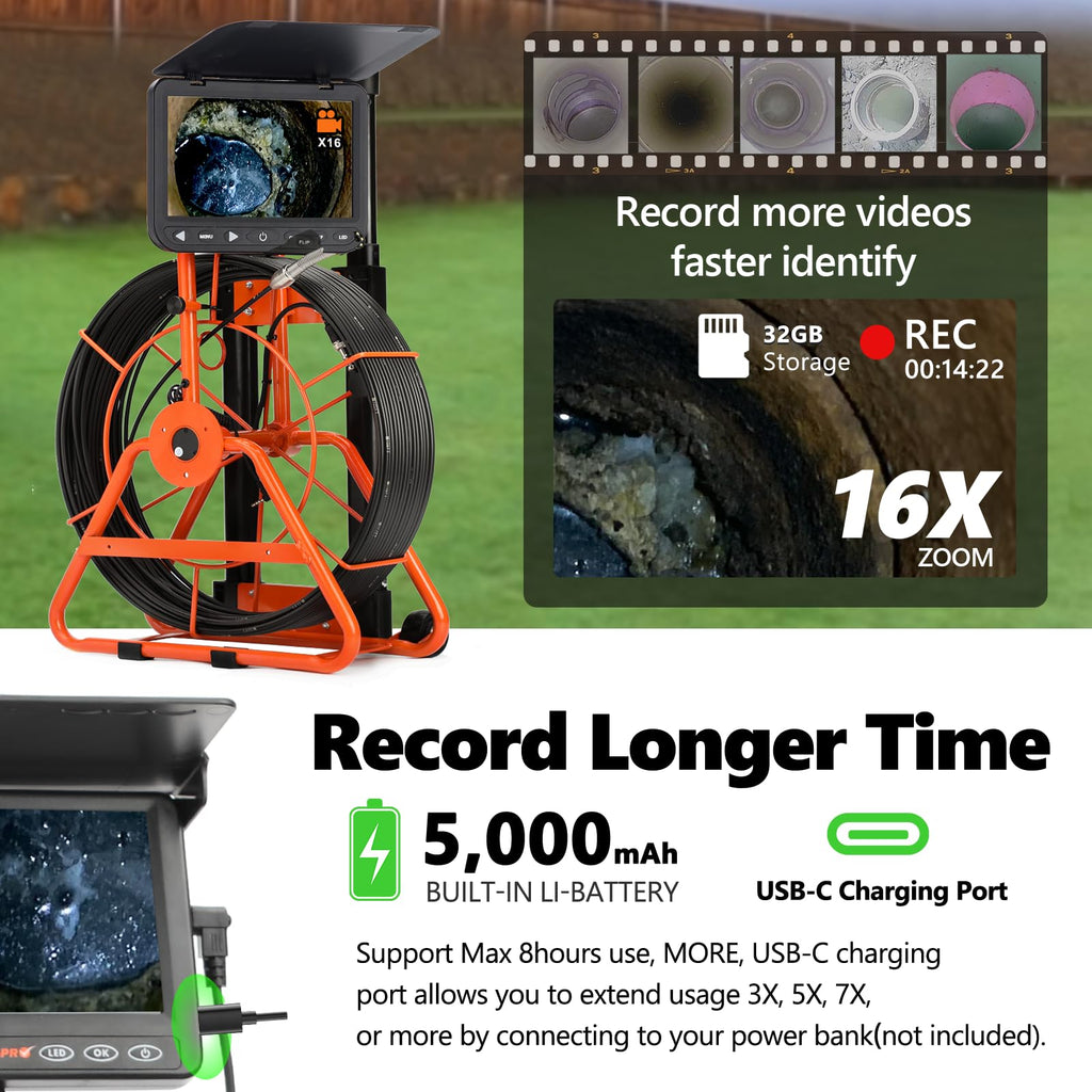 [ChoosePROÂ®] HD1080P Sewer Camera 7'' w/1s Twist-Unlock System, DVR-32GB, 0.64'' Thicker Reel, 5000mAh 100FT Marked Cable, Plumbing Pipe Inspection Camera for Drain & Sewer Inspection