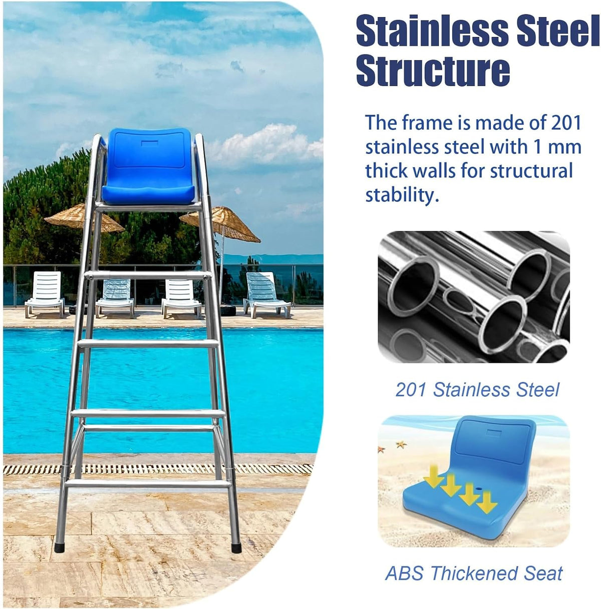 Detachable Stainless Steel Lifeguard Chair with Parasol - 70.8" Outdoor Observation Seat for Pools, Beaches, Waterparks & Referee Stand - Durable, Weather-Resistant Design,180cm (70.8")