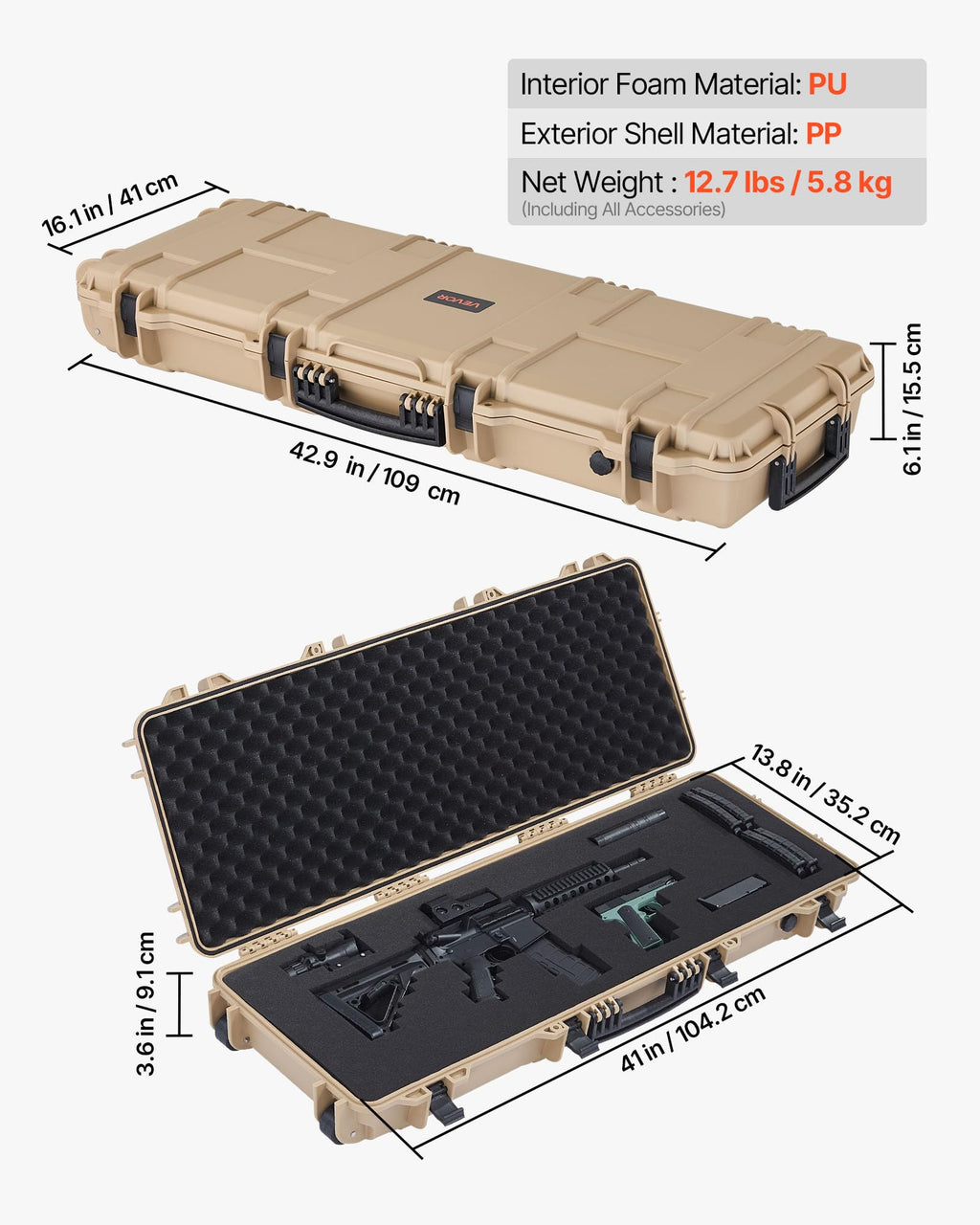 VEVOR Rifle Case, Rifle Hard Case with 4 Layers Fully-protective Foams, Lockable Hard Gun Case with Wheels, IP67 Waterproof & Crushproof, for Rifles or Shotguns