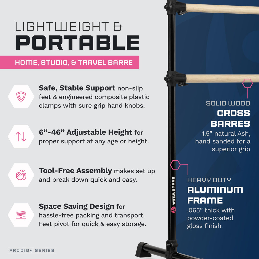 VITA Barre Portable Freestanding Double Ballet Barre, Prodigy, with Carry Bag | Adjustable Height, USA Made, Home or Gym Exercise Equipment for Kids & Adults | Dance, Fitness, Pilates