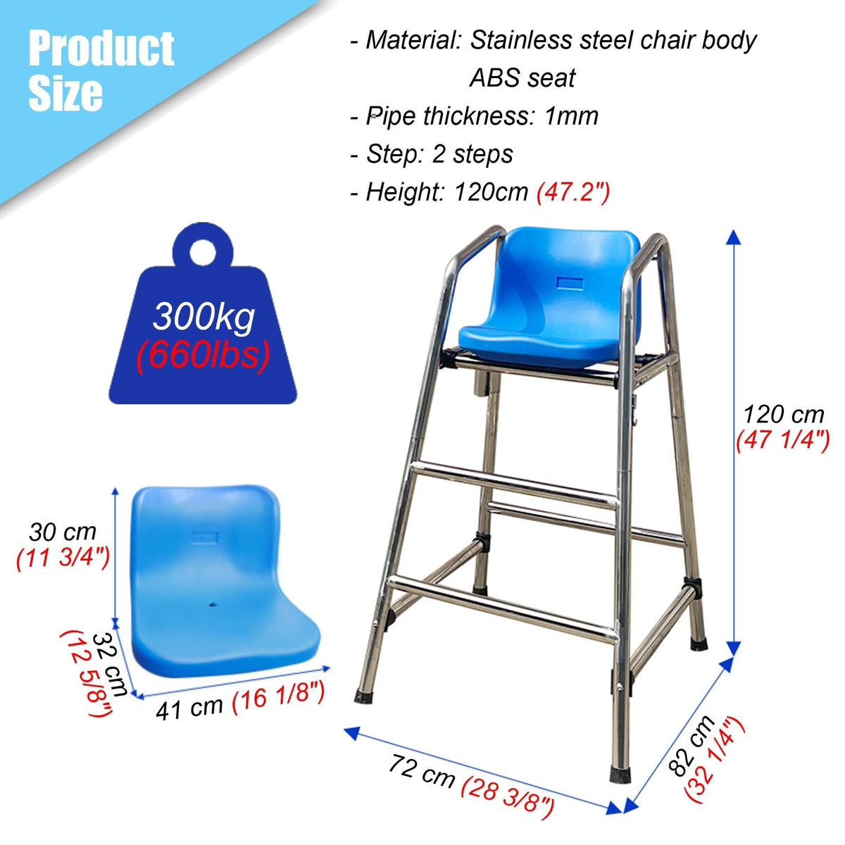 Detachable Stainless Steel Lifeguard Chair with Parasol - 70.8" Outdoor Observation Seat for Pools, Beaches, Waterparks & Referee Stand - Durable, Weather-Resistant Design,180cm (70.8")