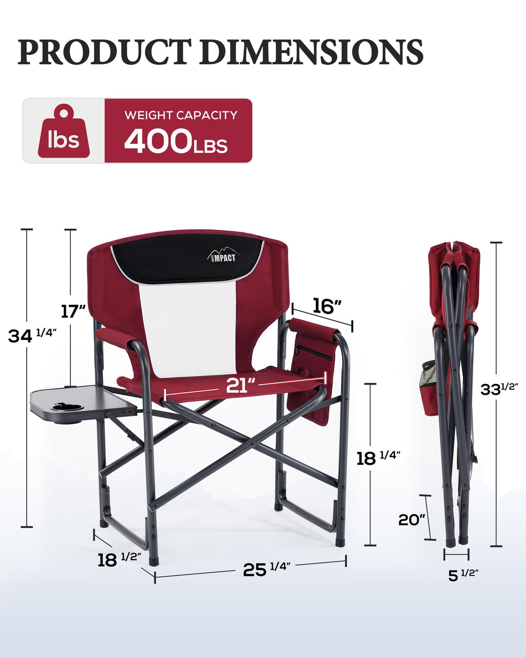 Aluminum Tall Camping Directors Chair 30.7" Seat Height, 400lbs Load