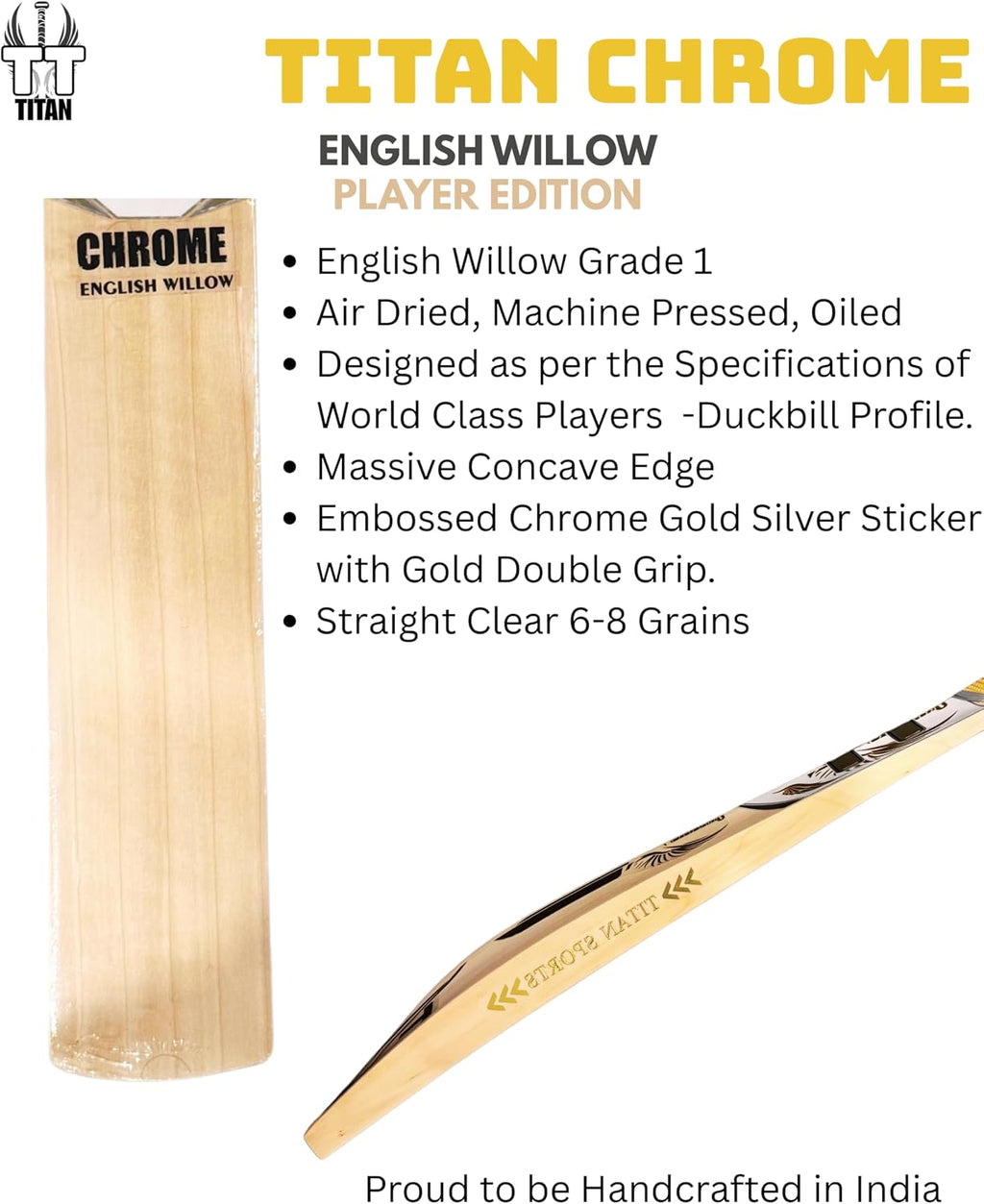 Titan English Willow Divine Cricket Bat Full Size Short Handle Grade 3 Lightweight & Handcrafted for Power and Control Ideal for Club & League Play with Free Hard Leather Ball
