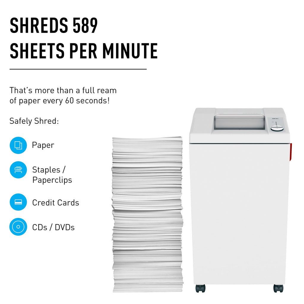 ideal. 2604 Cross-Cut Centralized Office Shredder with Automatic Oiler, Continuous Operation, 23 to 25 Sheet Feed Capacity, 26 gal Bin, Shred Staples/Paper Clips/Credit Cards/CDs/DVDs, P-4 Security