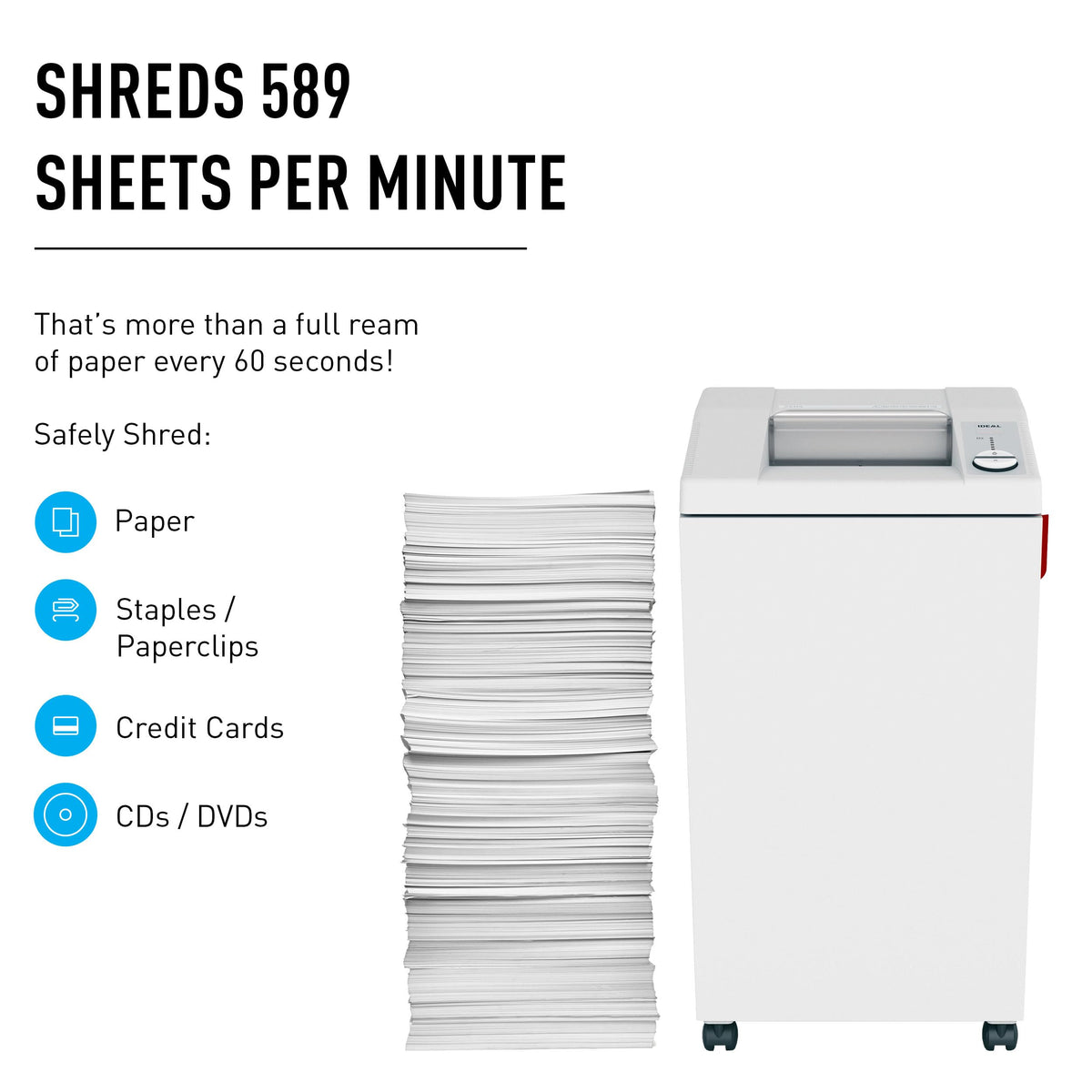 ideal. 2604 Cross-Cut Centralized Office Shredder with Automatic Oiler, Continuous Operation, 23 to 25 Sheet Feed Capacity, 26 gal Bin, Shred Staples/Paper Clips/Credit Cards/CDs/DVDs, P-4 Security