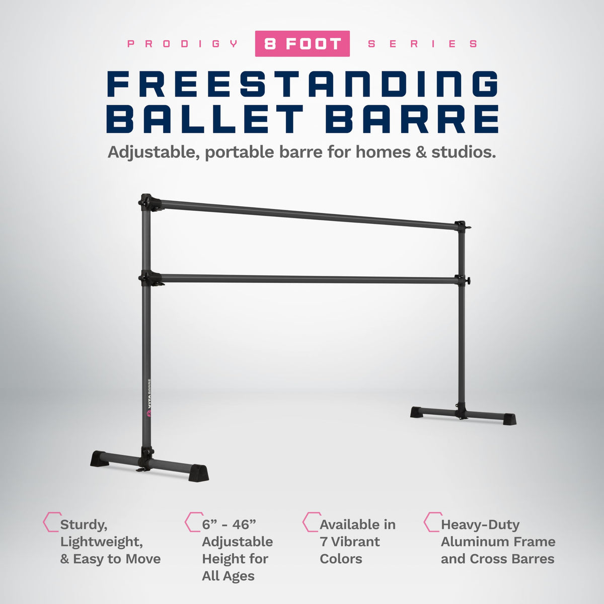 VITA Barre Portable Freestanding Double Ballet Barre, Prodigy, Aluminum | Adjustable Height, USA Made, Home or Gym Exercise Equipment for Kids & Adults | Dance, Fitness, Pilates