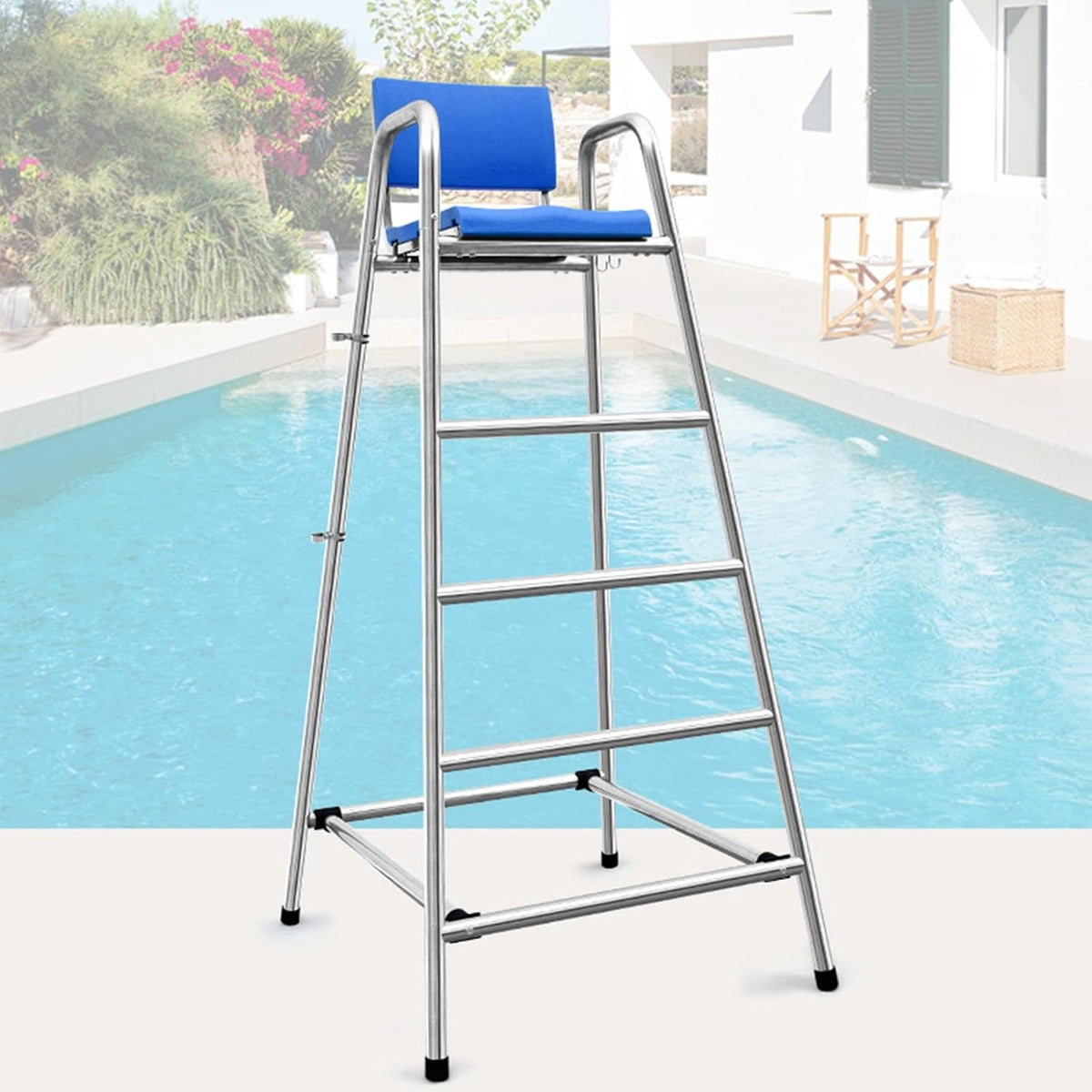 Stainless Steel Lifeguard Chair, 190cm Elevated Vantage Point Pool Chair with Parasol Socket, Lifebuoy Hooks, Lifesaving Observation Chairs for Outdoor Use