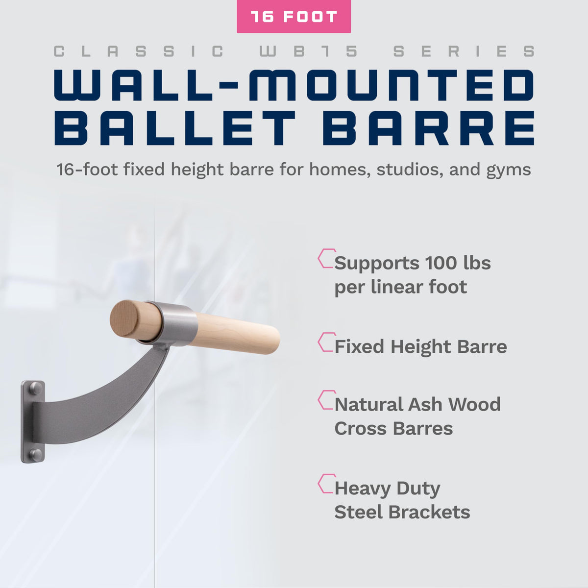 VITA Barre Wall-Mounted Single Ballet Barre, Classic WB15, Wood | Fixed Height, Made in USA, Home, Studio or Gym Exercise Equipment for Kids & Adults | Dance, Fitness, Pilates