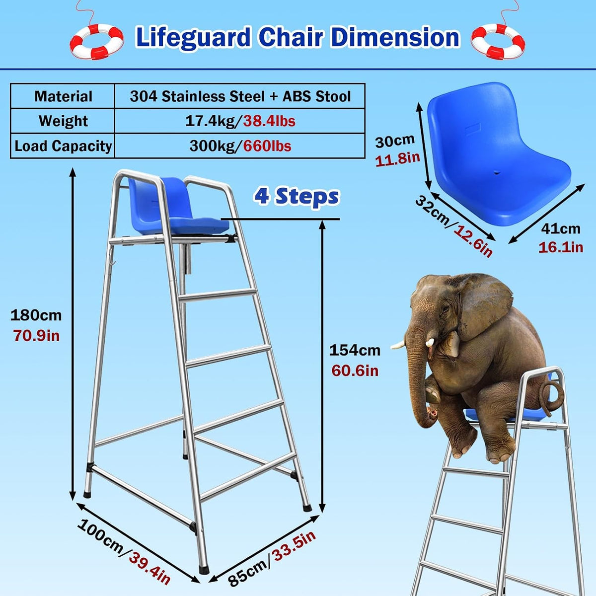 Table Tennis Referee Chairs for Coaches Referees, 304 Stainless Steel Lifeguard Chair with Hook/Sunshade Hole, Soccer Volleyball Directors Chair with Comfortable Seat, H 71inch/180cm