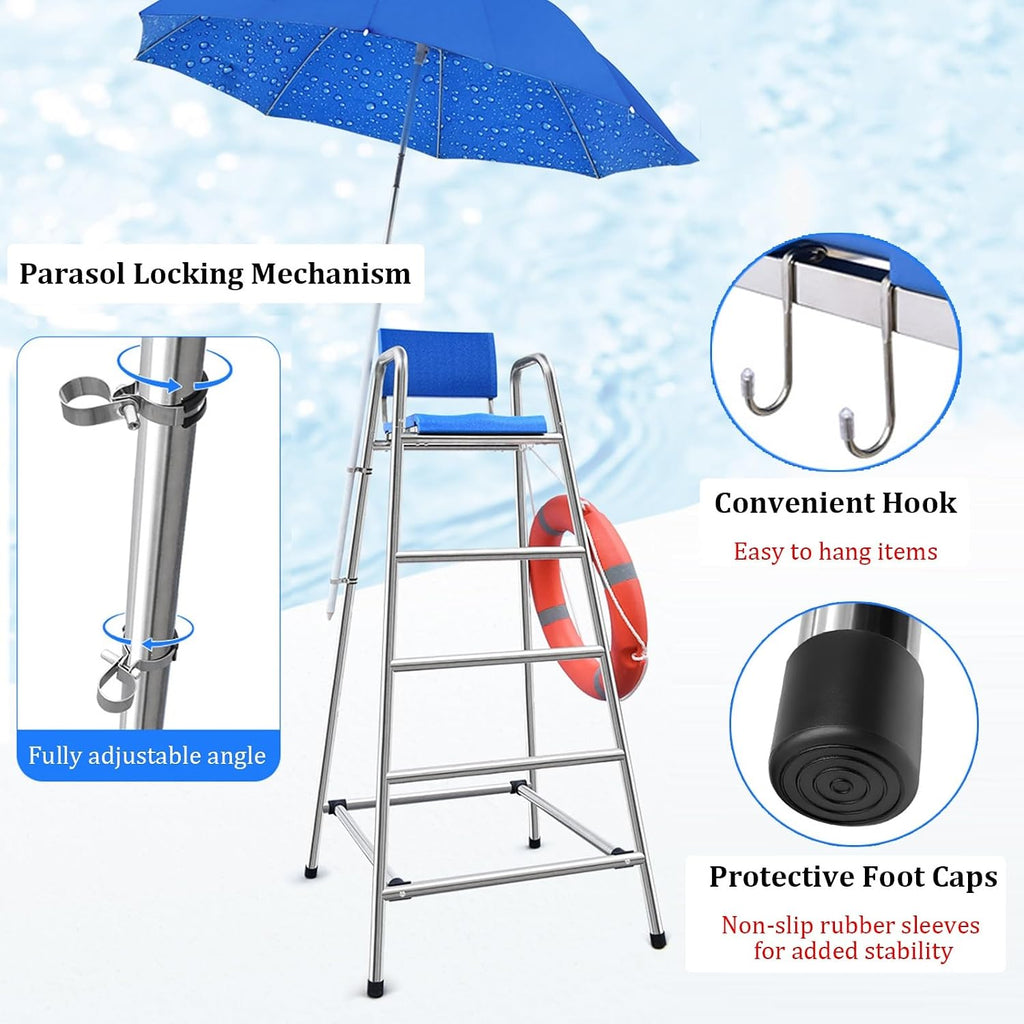 Stainless Steel Lifeguard Chair, 190cm Elevated Vantage Point Pool Chair with Parasol Socket, Lifebuoy Hooks, Lifesaving Observation Chairs for Outdoor Use