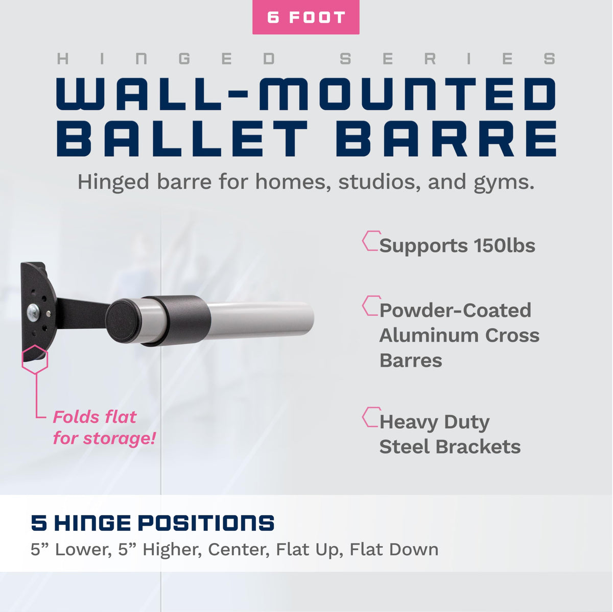 VITA Barre Wall-Mounted Single Ballet Barre, Traditional, Wood and Aluminum | Hinged Height, Made in USA, Home, Studio or Gym Exercise Equipment for Kids & Adults | Dance, Fitness, Pilates