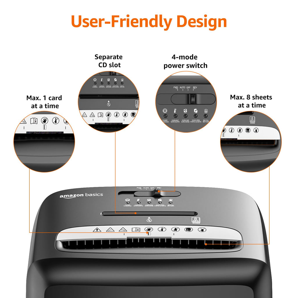 Amazon Basics 150-Sheet Autofeed Micro-Cut Paper and Credit Card Shredder, High Security Level P-4 with 8.5-Gallon Bin, 60-Minute Continuous Run Time, Black