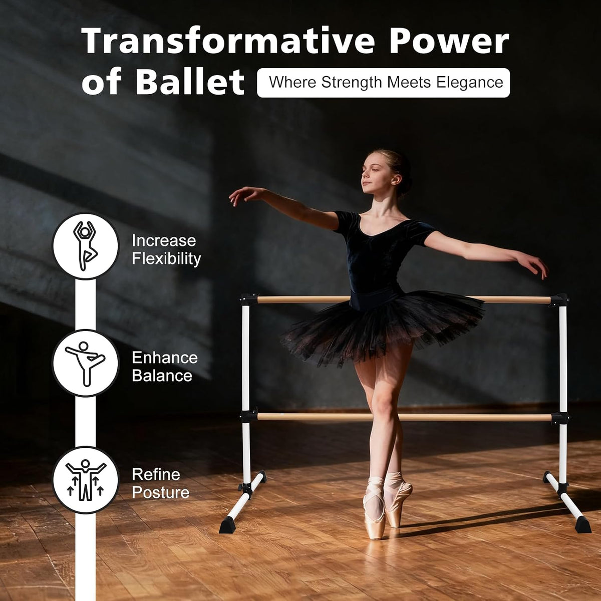 4FT/6FT Height Adjustable Double Ballet Barre, Freestanding Portable Stretching Dance Bar for Home, Heavy Duty Exercise Equipment for Kids & Adults with Anti-Slip Rubber Pads