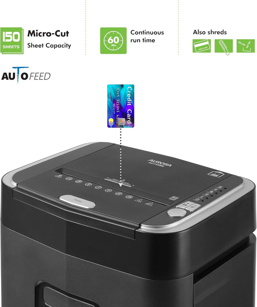 Aurora Commercial Grade 150-Sheet Auto Feed Heavy Duty Micro-Cut Paper and Credit Card Shredder with 6.3 Gallon Pullout Basket / 60 Minutes Continuous Run Time/P-4 Security Level