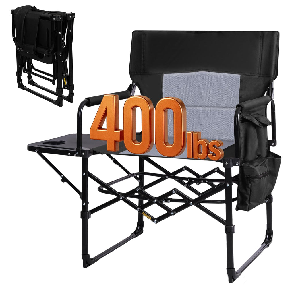 Romswi 2 Pack 30" Extra Tall Folding Camping Chairs, Heavy Duty Director Chairs with Side Table, Cup Holder & Storage Pocket, 400 LBS Support, Portable Outdoor Chairs for Camping, Sports, Events, Blue