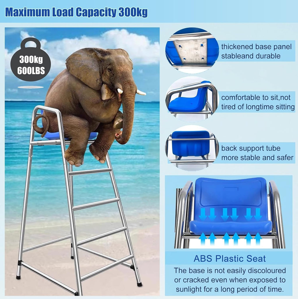 304 Stainless Steel Lifeguard Chair W/Comfortable Seat & Umbrella, Beach Sandy Tennis/Volleyball Referee Stand Chair, Portable Tall Life Guard Deck Chairs/Bar Stool(47in/3.9ft/1.2m)