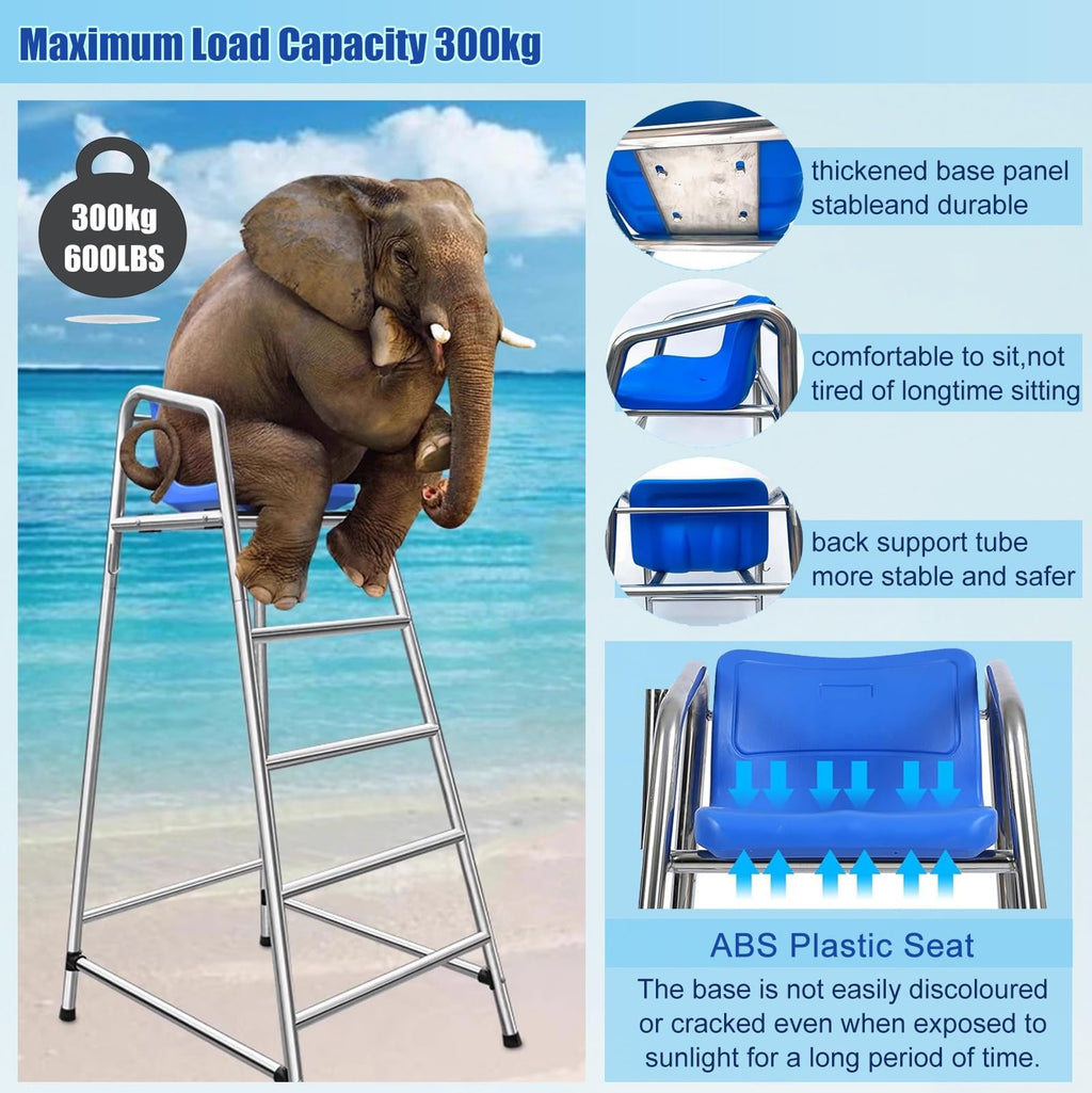 304 Stainless Steel Lifeguard Chair W/Comfortable Seat & Umbrella, Beach Sandy Tennis/Volleyball Referee Stand Chair, Portable Tall Life Guard Deck Chairs/Bar Stool(47in/3.9ft/1.2m)