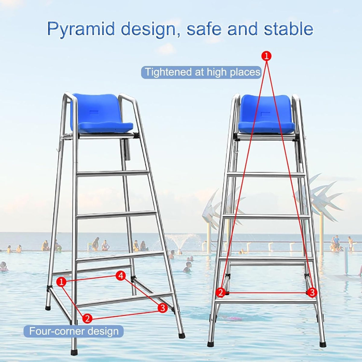 Pool Lifeguard Chair, Beach Observation Chairs Badminton Court Referee Chair, Detachable Stainless Steel Barstool for Outdoor Indoor(150cm)