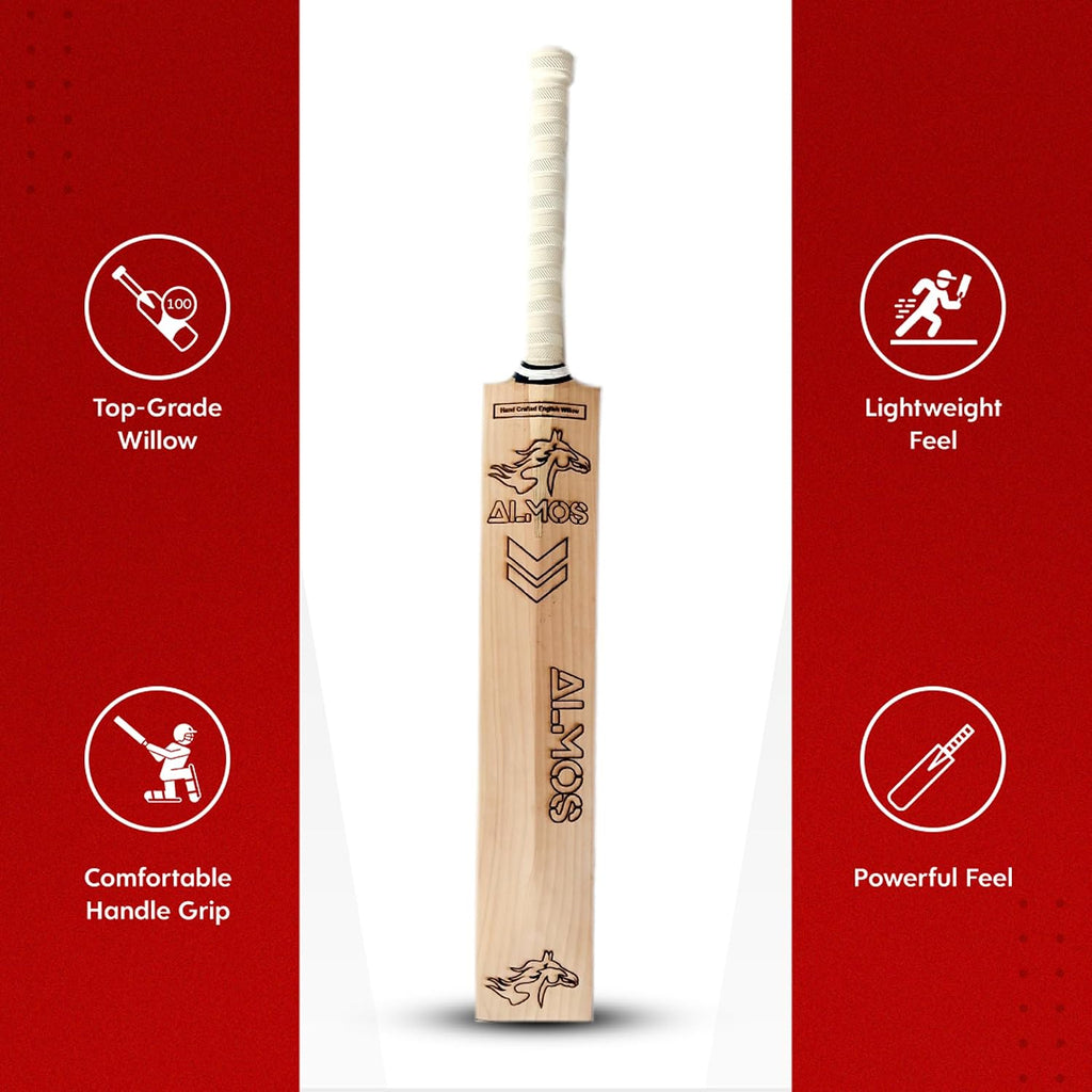 Almos Sports English Willow Cricket Bat â Players Reserve Grade 1, Lightweight 2.6 lb, Long Handle, 12 Grain Hard Hitting Bat for Adults