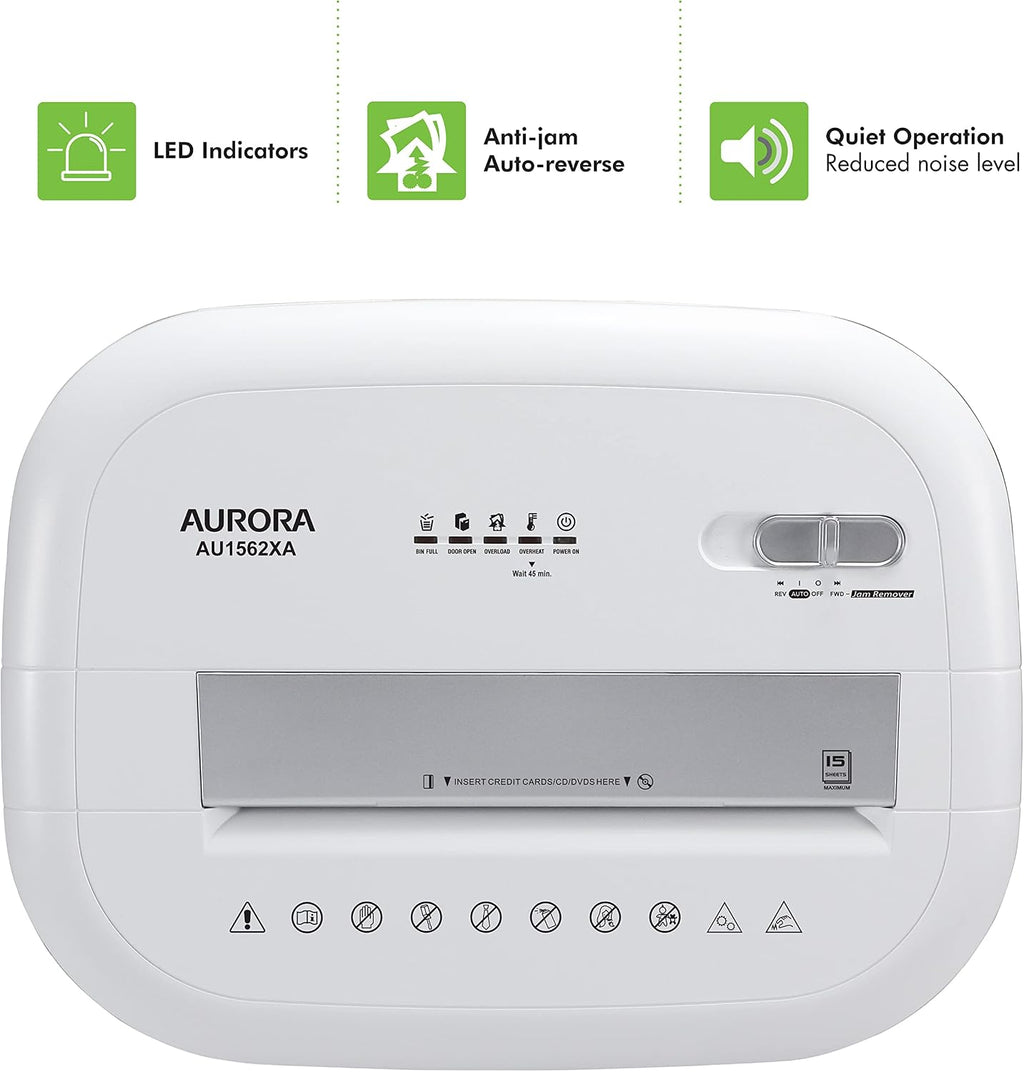 Aurora Heavy Duty Anti-Jam 15-Sheet Crosscut Shredder/60 Min Run Time/ 6-Gallon Pullout Basket, White