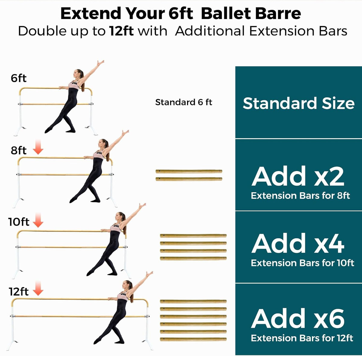 Ballet Barre Portable for Home or Studio, 6 ft Extendable to 12 ft Bar Curved, Height Adjustable from 27" to 44", Ideal for Stretch, Pilates, Dance, Active Workouts, Single or Double, Kids Adults