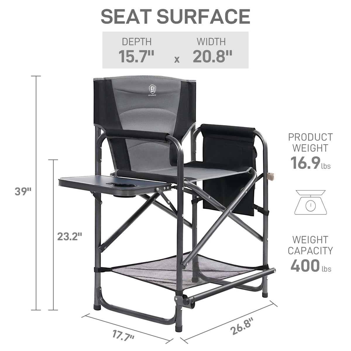 EVER ADVANCED 23.2" Medium Tall Director Chair with Side Table 400LBS Green
