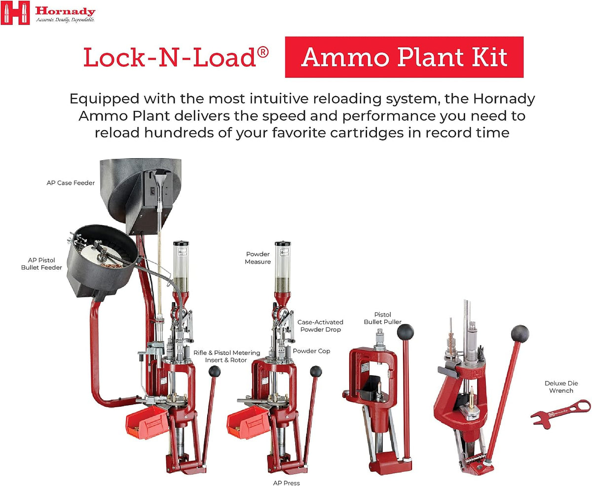 Hornady Lock-N-Load Ammo Plant â The Ultimate Ammunition Reloading Kit for Fast Reloading â Includes Progressive Reloading Press, Bullet Feeder, Case Feeder and More â Item 095160