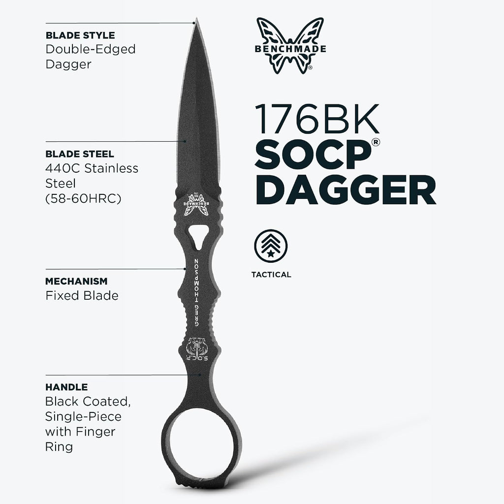 Benchmade - SOCP Knife, Double Edge Dagger Blade, Plain Edge, Black Handle