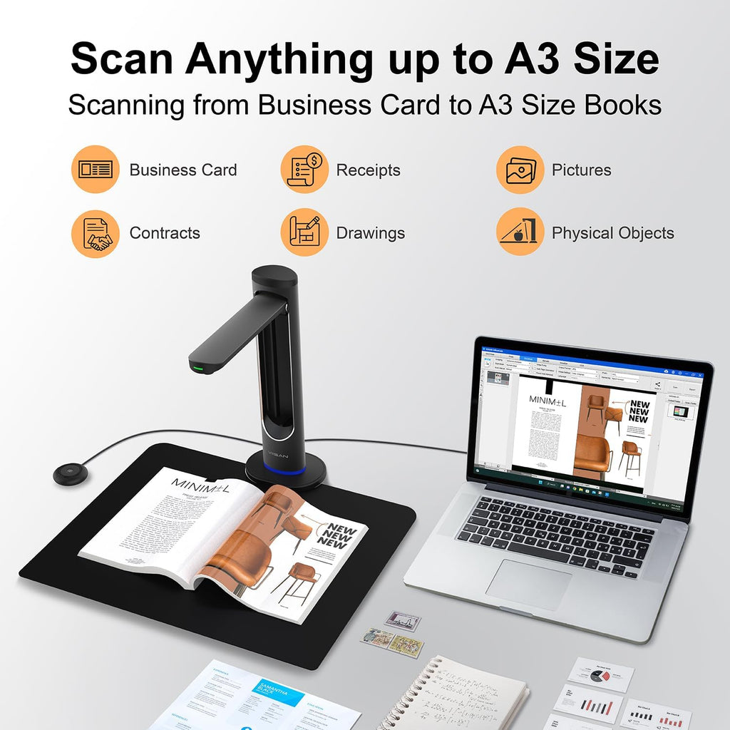 VIISAN K48 Book Scanner & Document Camera, 48MP A3 Overhead Scanner with 600 DPI, OCR, Auto Page Flattening, Laser Positioning, 4K USB Camera for Books, Documents, Teaching and Archiving, Windows/Mac
