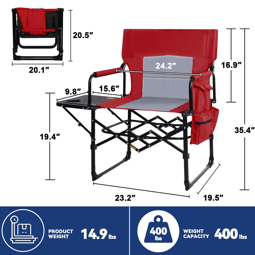 Romswi 2 Pack 30" Extra Tall Folding Camping Chairs, Heavy Duty Director Chairs with Side Table, Cup Holder & Storage Pocket, 400 LBS Support, Portable Outdoor Chairs for Camping, Sports, Events, Blue