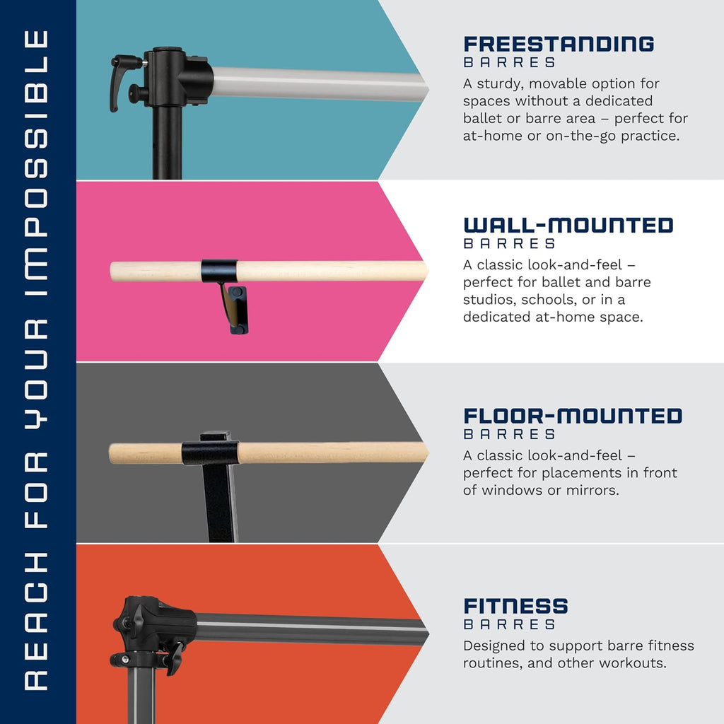 VITA Barre Wall-Mounted Single Ballet Barre, Traditional, Wood and Aluminum | Hinged Height, Made in USA, Home, Studio or Gym Exercise Equipment for Kids & Adults | Dance, Fitness, Pilates