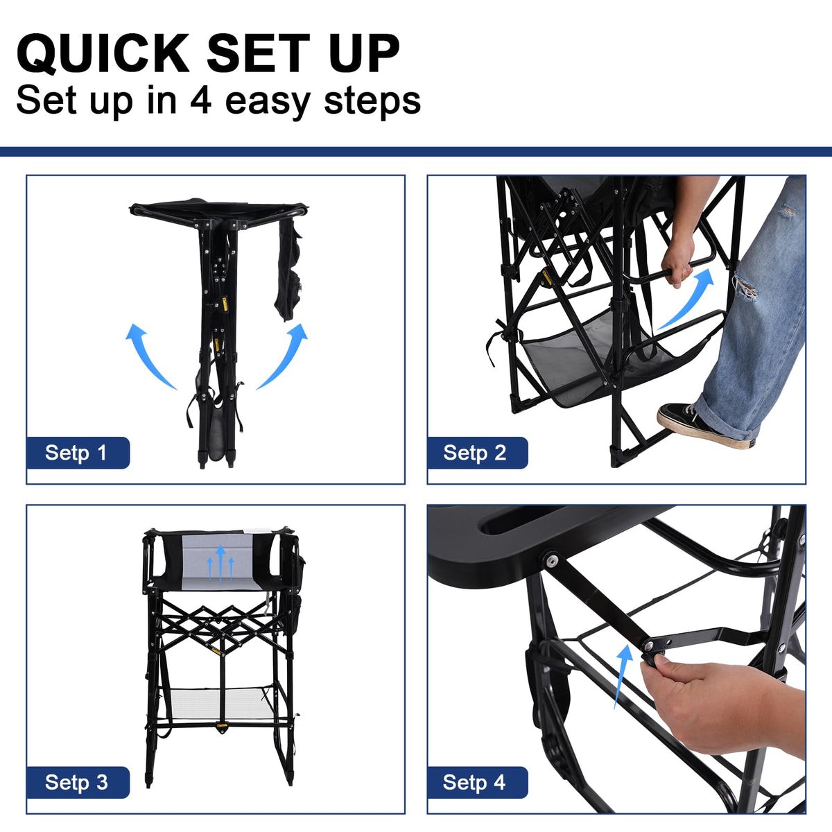 Romswi 2 Pack 30" Extra Tall Folding Camping Chairs, Heavy Duty Director Chairs with Side Table, Cup Holder & Storage Pocket, 400 LBS Support, Portable Outdoor Chairs for Camping, Sports, Events, Blue