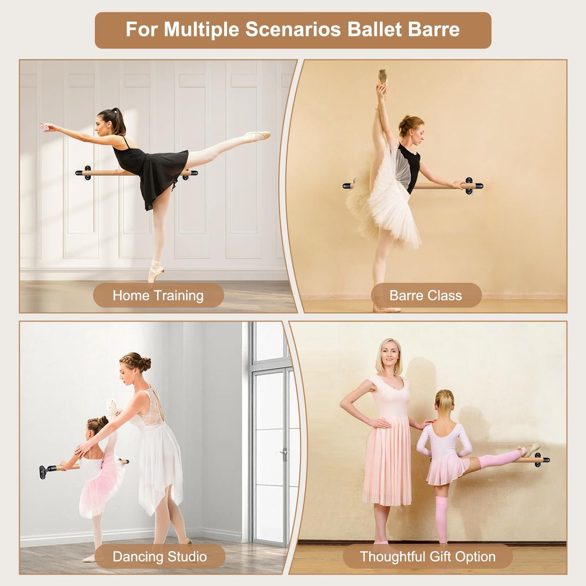 Dolibest Space Saver, Ballet Barre, Wall Mounted Traditional Wood Ballet Barre System Stretch/Dance for Home Barre Workout Equipment, Height Adjustable, for Kids and Adults