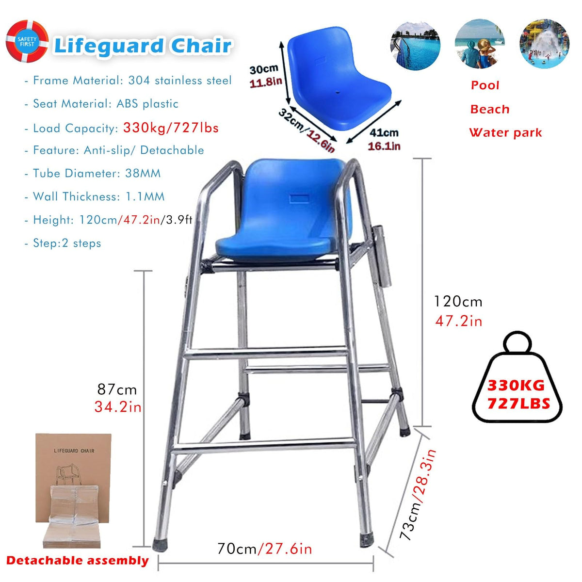 Tall Lifeguard/ Deck Chairs Outdoor, 47' '60'' 71'' High Fade-Resistant Stainless Steel Elevated Life Guard Chair - Loads 330kg, Referee Ladder Stool, Lifesaving Observation Chairs(H-180cm/70in/5.9ft)